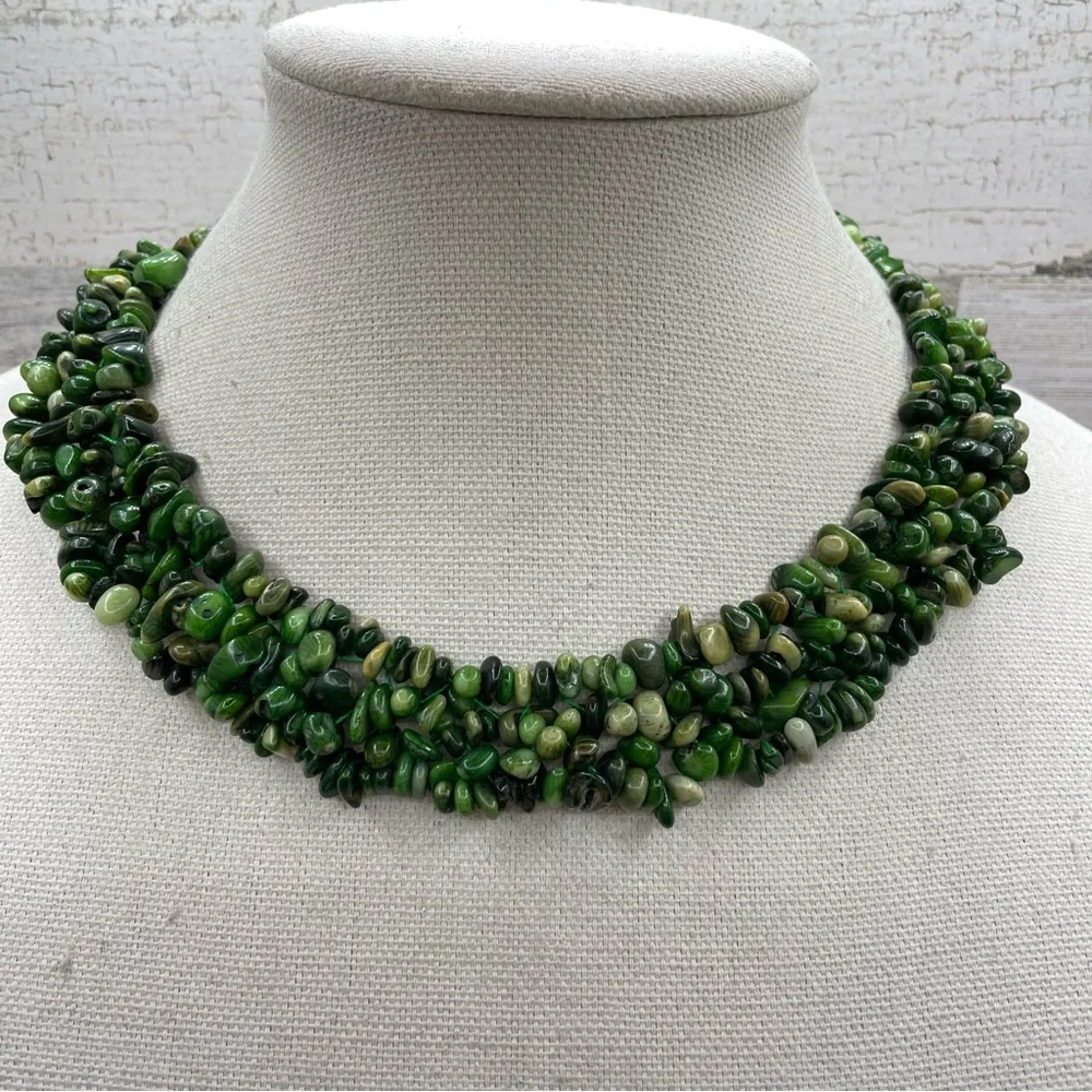 Beautiful Unsigned Green Jasper Multi Layer Statement Necklace Silver Tone